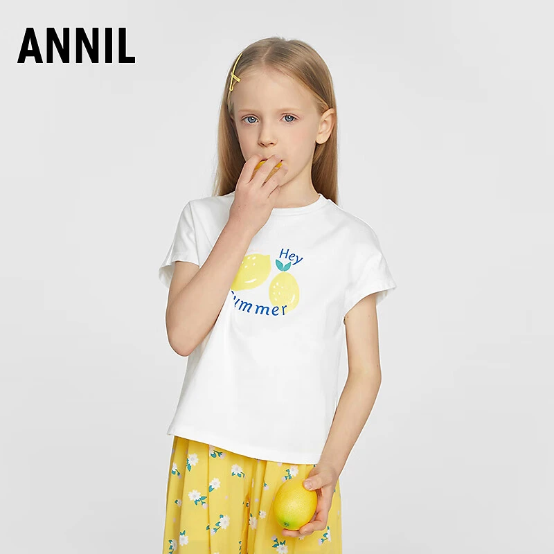 安奈儿女童装纯棉圆领短袖针织衫T恤2025夏新款休闲上衣甜趣百搭