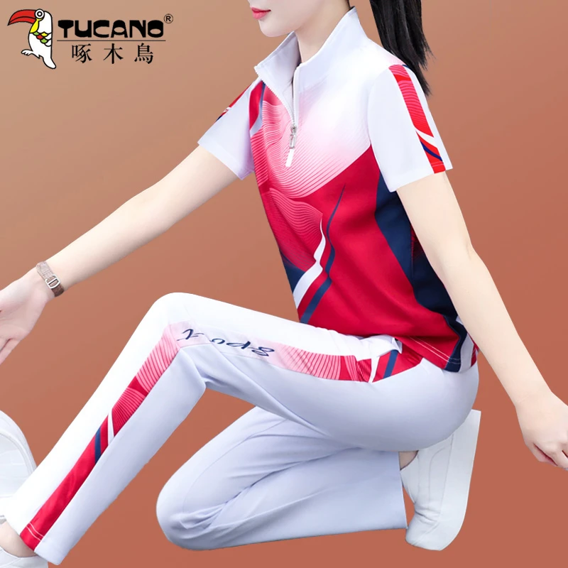 啄木鸟夏装两件套运动装套装2025新款夏季凉感中年妈妈长裤休闲服