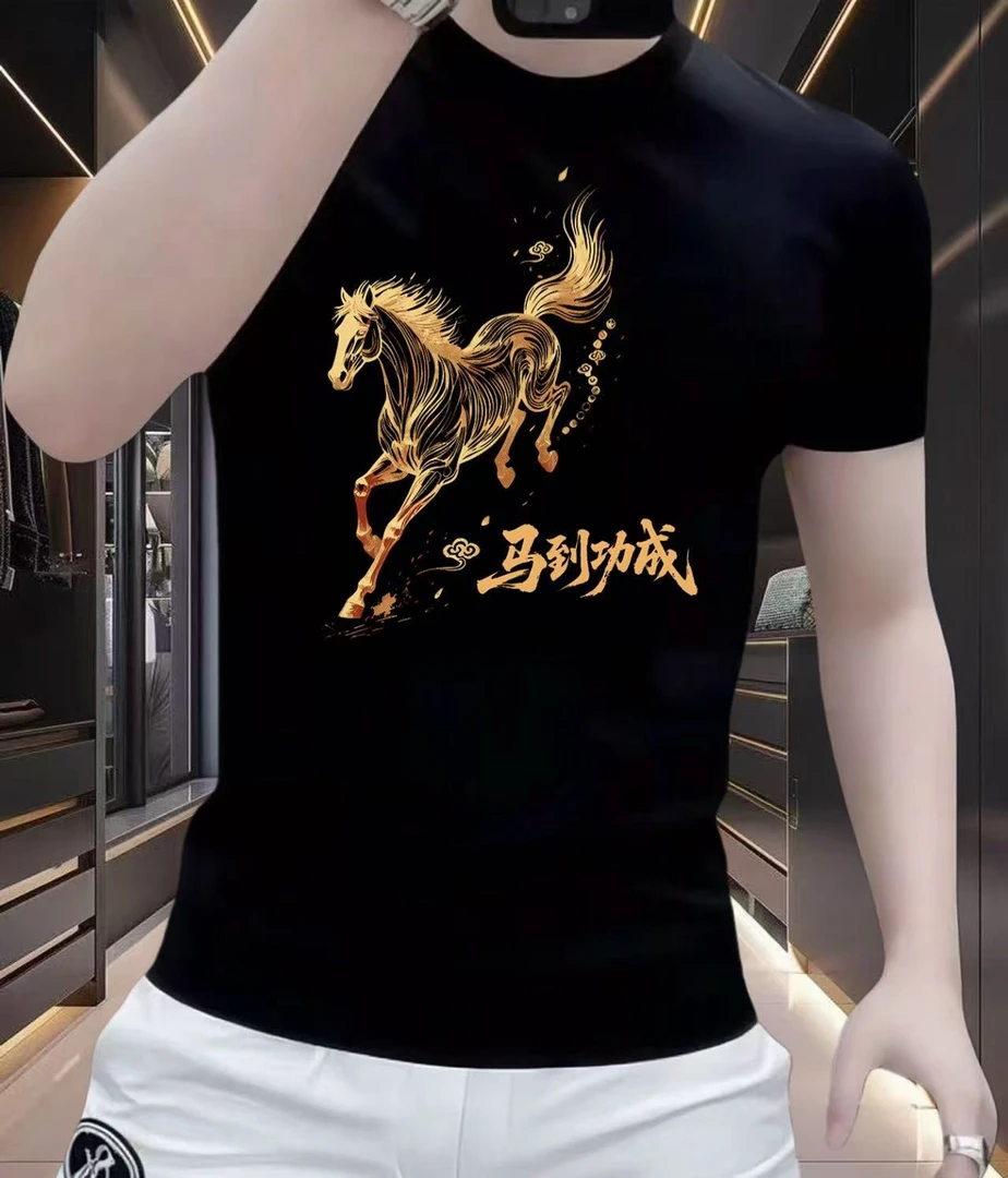 潮牌2026马年新款短袖t恤创意印花设计男士国潮时尚圆领百搭上衣