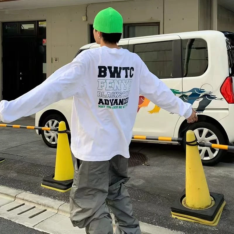 100%纯棉美式长袖T恤宽松春秋款打底衫圆领男生t恤长绒棉男士基础