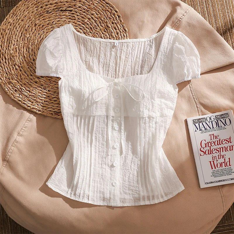 法式白色泡泡袖短袖衬衫女夏季外穿甜美修身显瘦系带短款小衫上衣