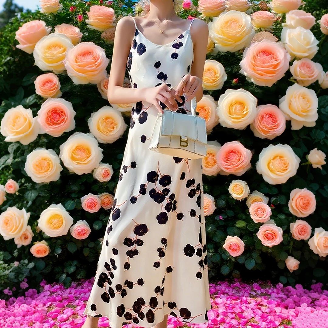 真丝醋酸法式显瘦连衣裙夏季新款吊带裙百搭老钱风女装裙子碎花
