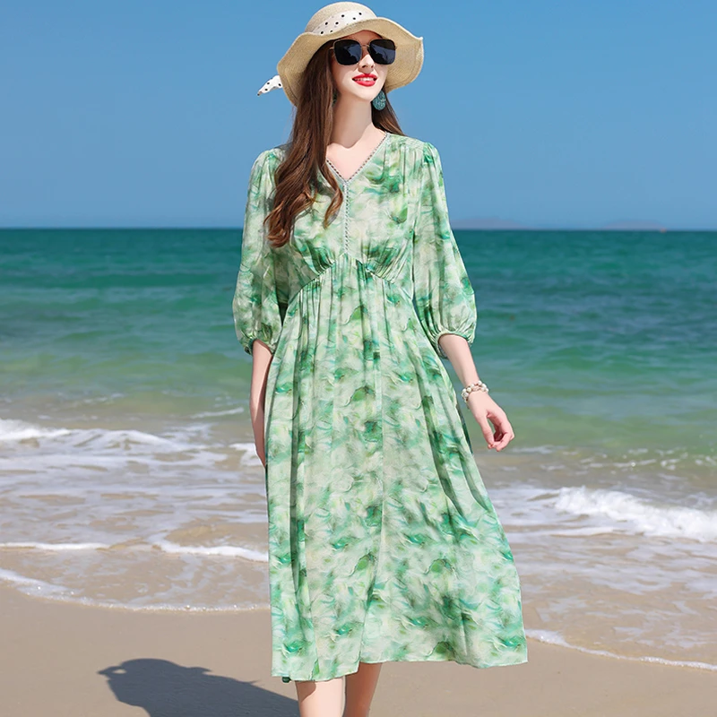 2025新款真丝桑蚕丝连衣裙女七分袖气质印花裙v领显瘦高腰长裙510