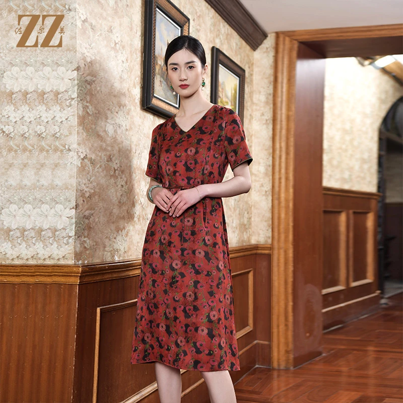 佐尔美夏季新款气质香云纱红云纱缎面印花桑蚕丝连衣裙女 E22LS39