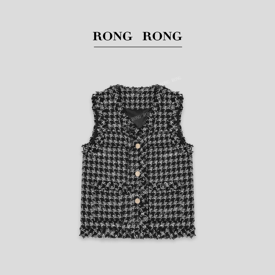溶溶J【巴黎道】RONGRONGV型无领撞色格纹肌理感小香风马甲82501