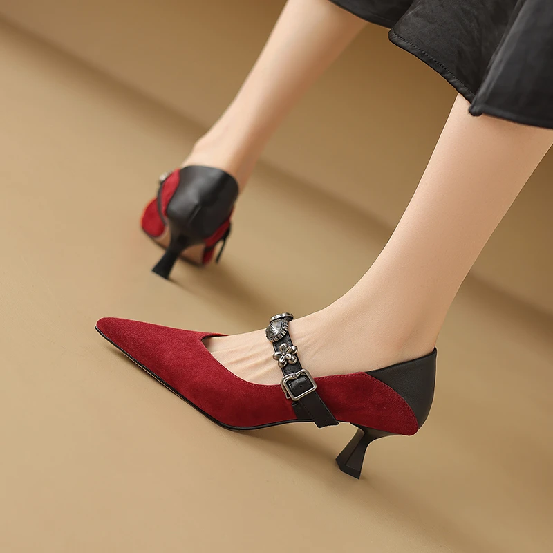 5.7cm法式尖头一字带玛丽珍鞋真皮细跟女鞋春秋设计感拼色高跟鞋