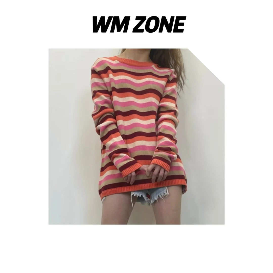 虎儿 3-2756 条纹撞色宽松套头针织衫