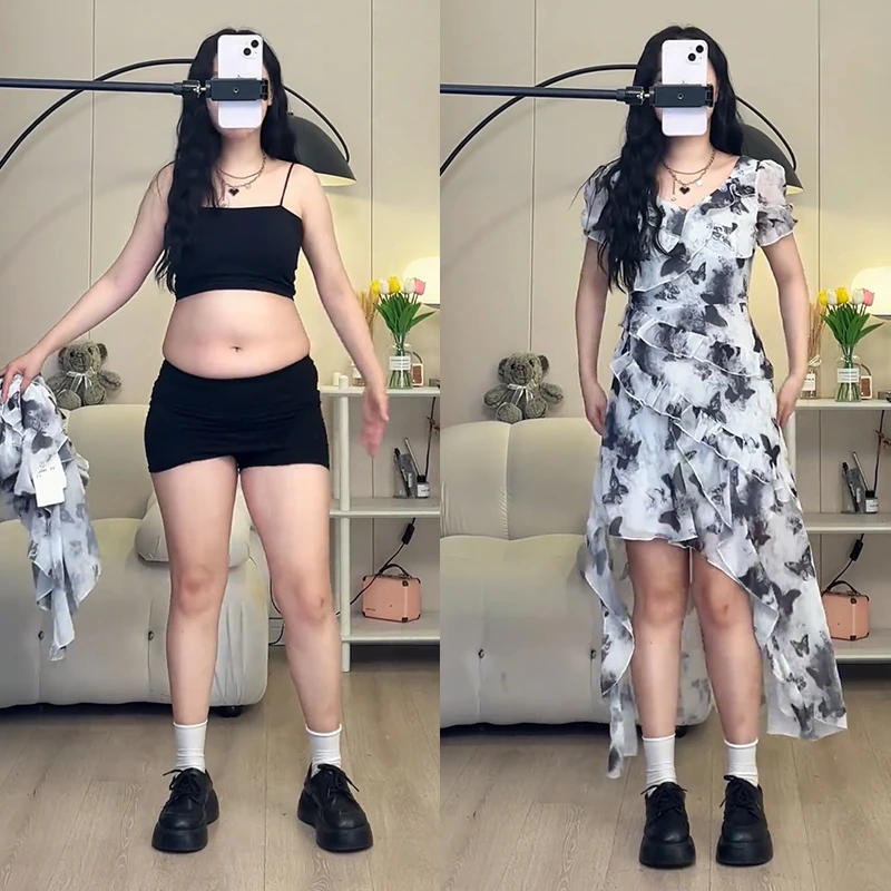 大码胖MM显瘦纯欲小众不规则碎花连衣裙辣妹夏季法式设计感长裙子