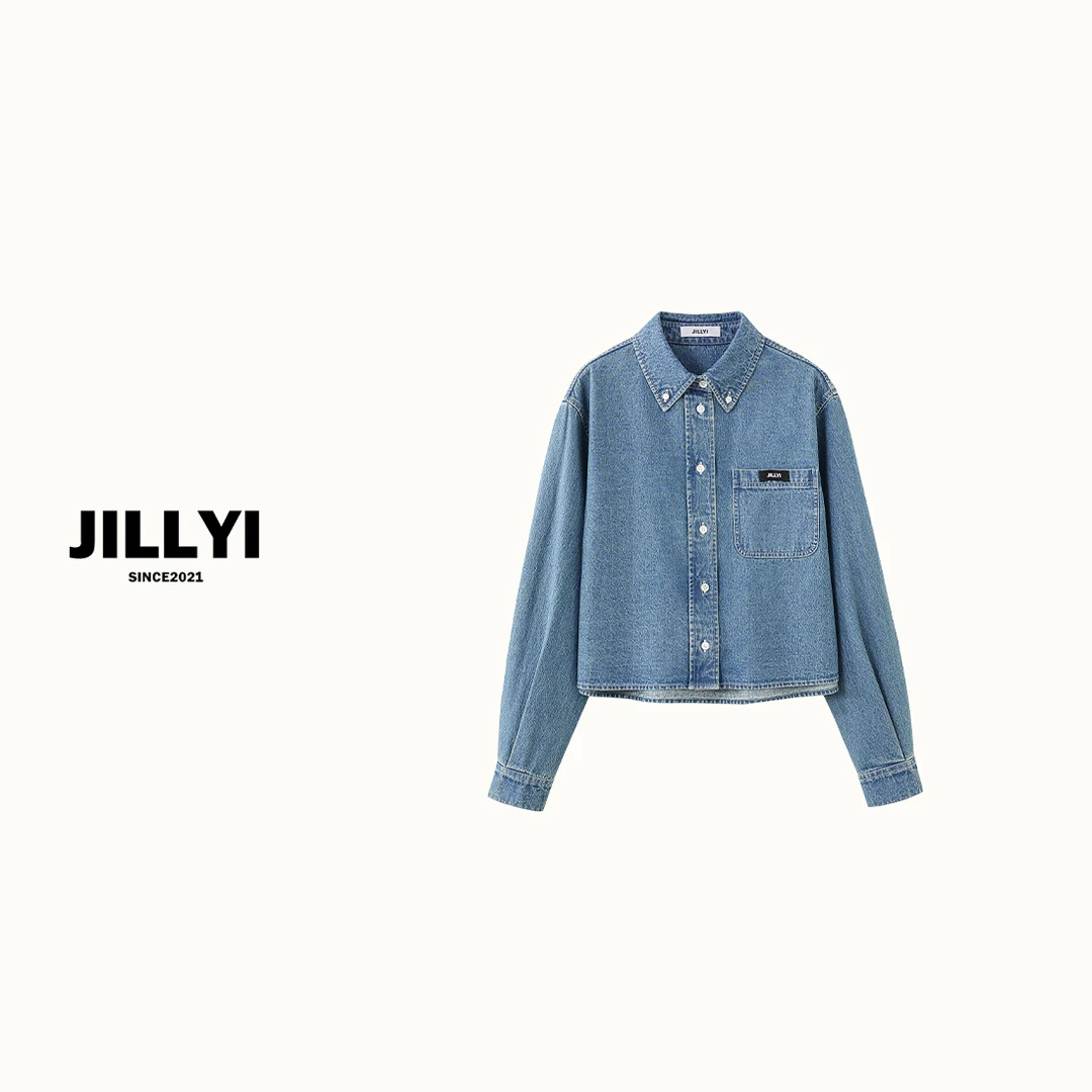 JILLYI【巴黎夜蓝】春夏款百搭修身时尚长袖翻领牛仔衬衫
