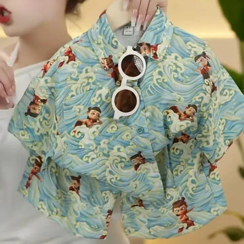 男童夏季衬衫套装洋气2025新款儿童短袖哪吒潮流宝宝夏装两件套