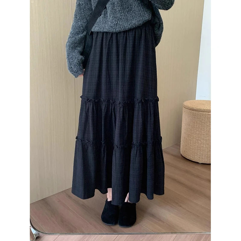 耶古复古格子半身裙女2025秋季新款高腰显瘦木耳花边休闲a字长裙