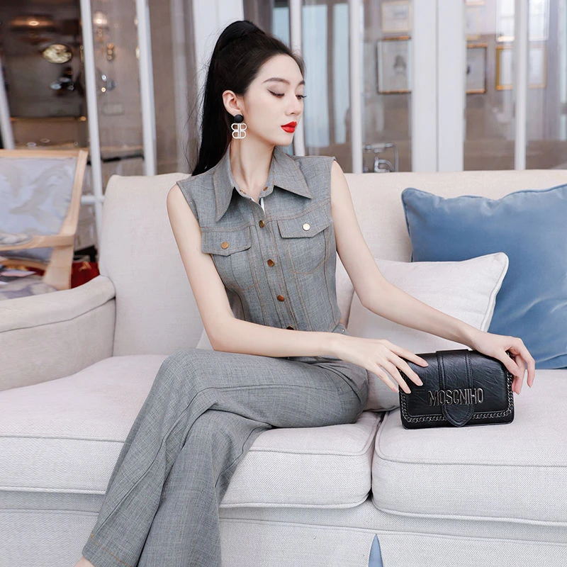 欧美夏季帅气两件套2025新款无袖上衣喇叭裤洋气减龄时尚套装女