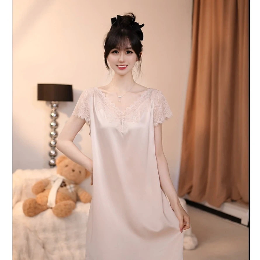 查理夫人【丝韵】气质蕾丝睡裙家居服显瘦时尚夏季宽松甜美时尚纯色