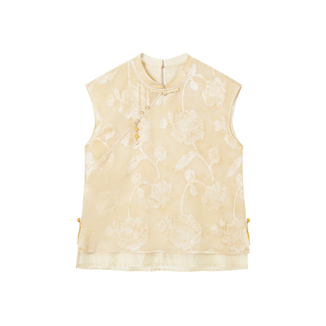 萌萌【半见】有袖印花新中式夏季镂空上衣