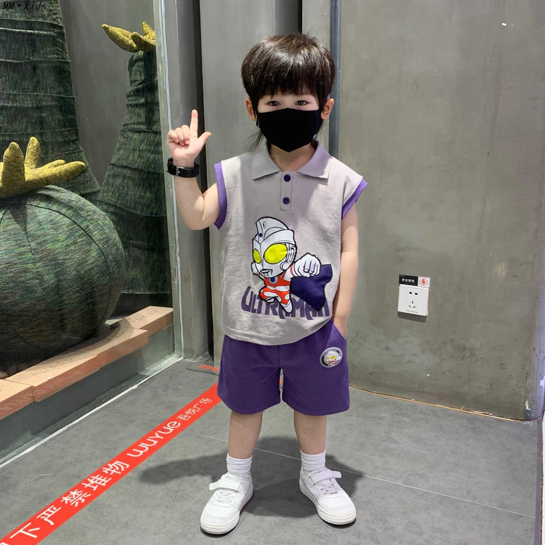 奥特曼儿童装男童背心套装2025新款网红宝宝夏季polo薄款无袖衣服