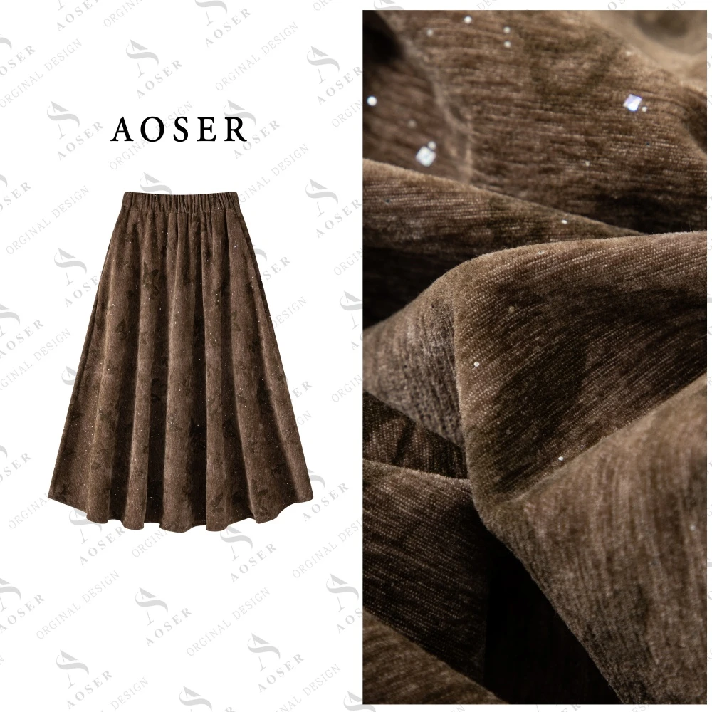 AOSER复古港风蝴蝶印花亮片高腰女装半身长裙裙子秋冬半身裙904