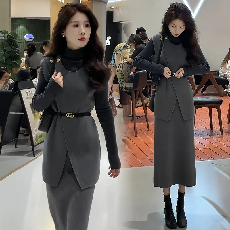 2025春季新款气质休闲纽扣开叉腰带时尚法式高级感软糯马甲三件套