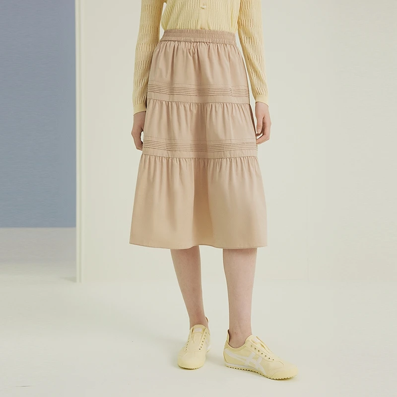 FS卡其色经典百搭松紧腰塔克A型半身裙女25夏新款3425A
