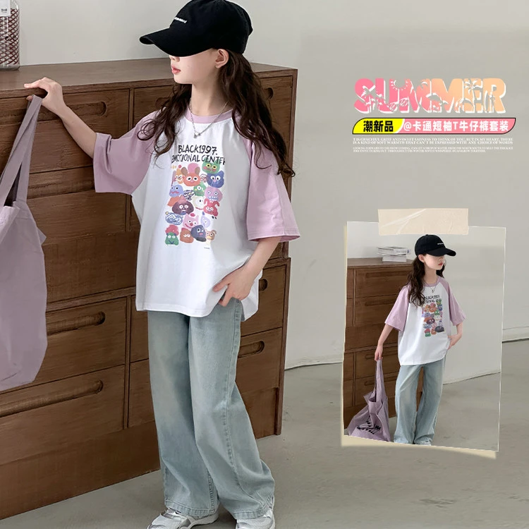 女童夏季套装2025新款洋气时髦儿童短袖t恤夏装宽松女大童牛仔裤