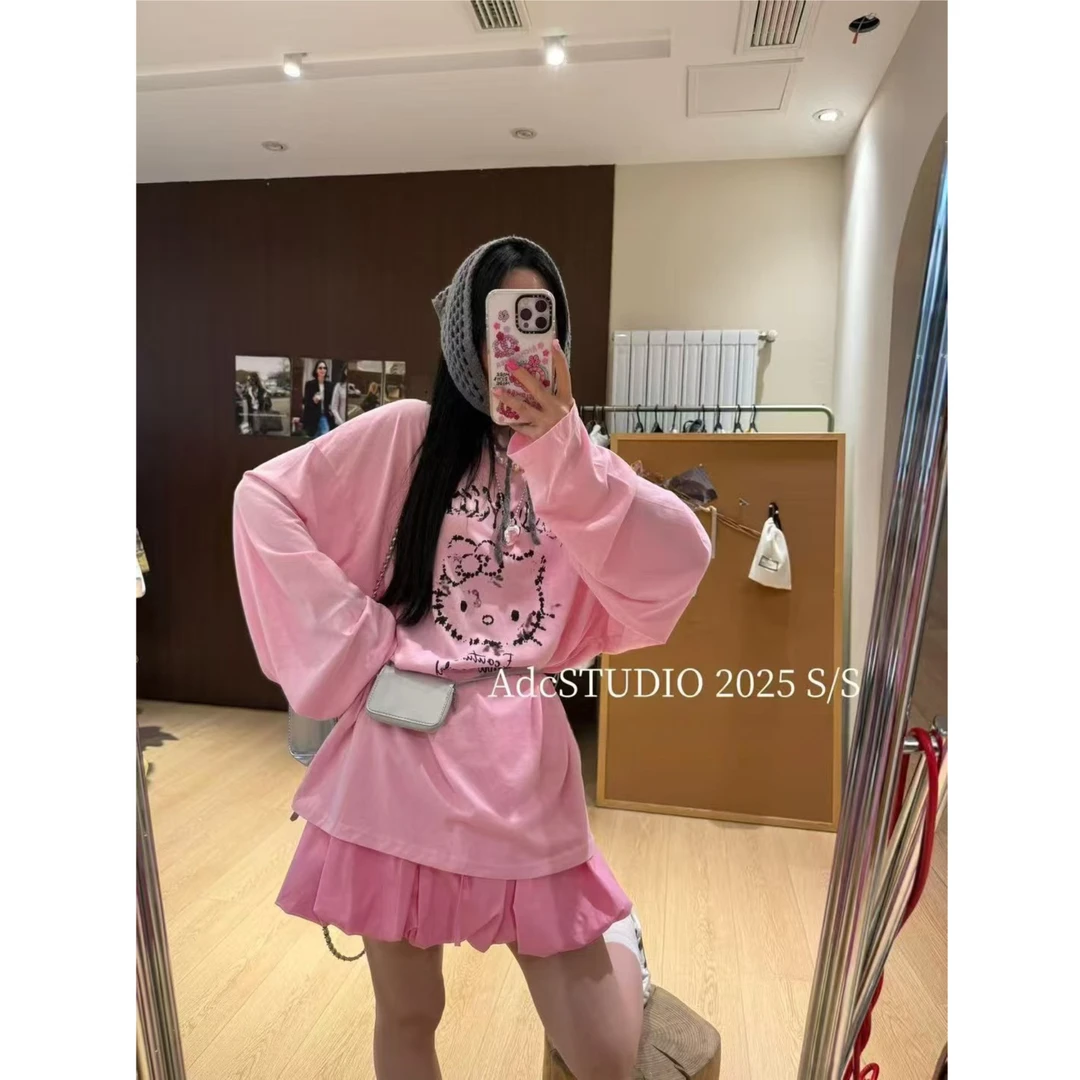 【现货-KT印花防晒】東room夏季薄款韩版卡通长袖垫肩防晒T恤女