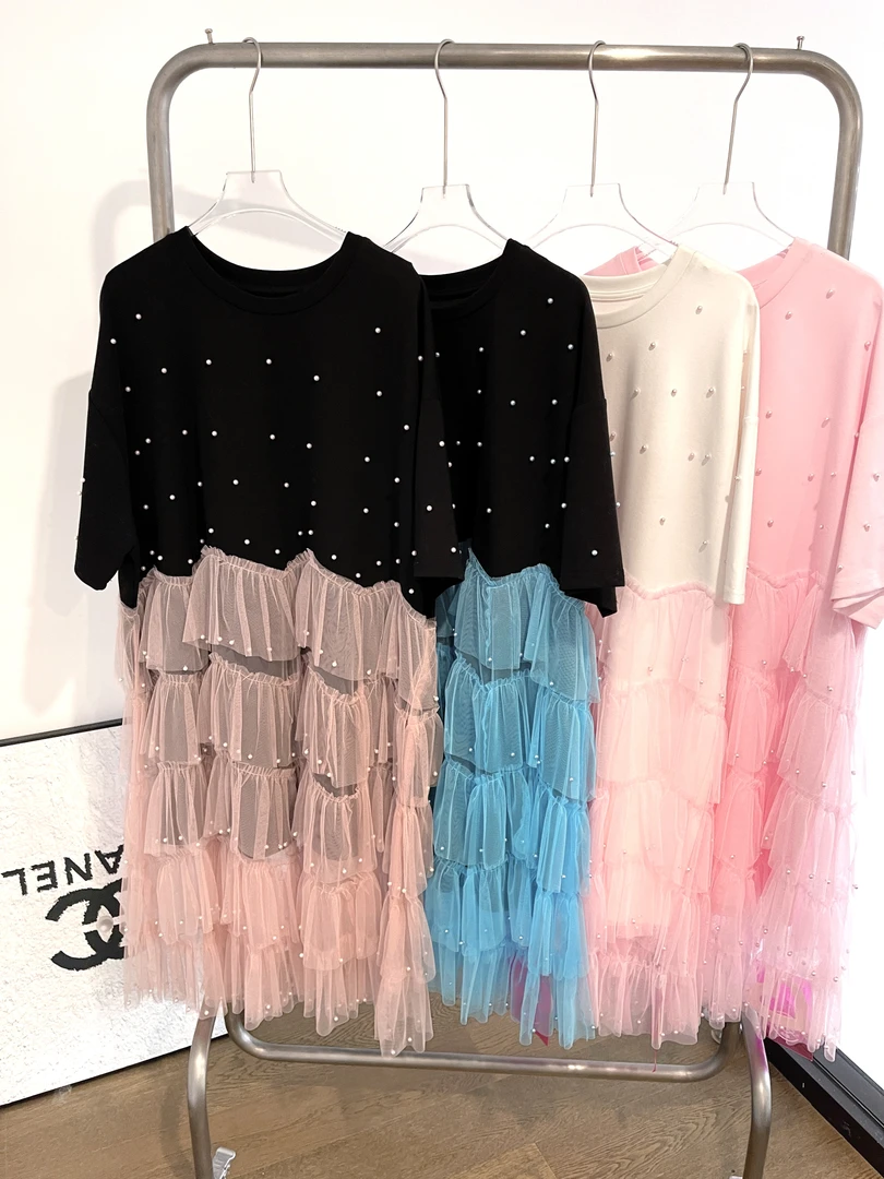 【清仓现货】2025款旅游衣服显瘦宽松贝壳珍珠钉钻纱裙T恤3060