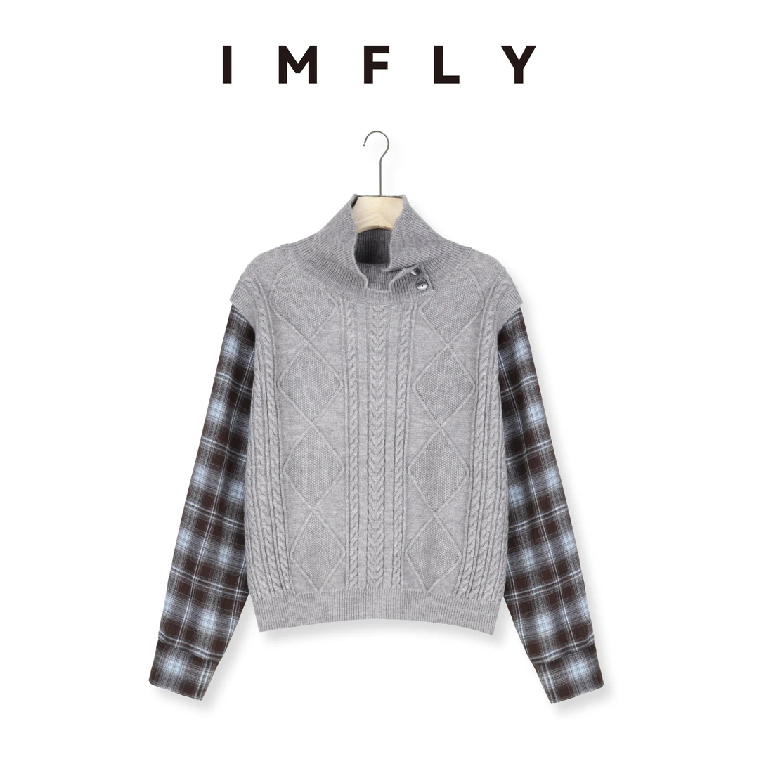 IMFLY金小金自制 假两件针织衫DYW8556格子袖拼接高领毛衣女冬季