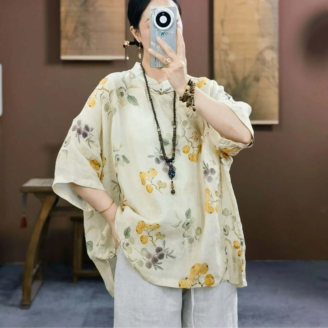 束心新中式女装新款苎麻印花复古立领斜襟盘扣宽松版五分袖上衣女