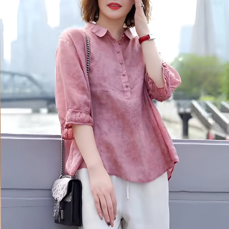 复古小碎花纯色上衣女2025夏季新款高端宽松娃娃领中袖大码衬衫
