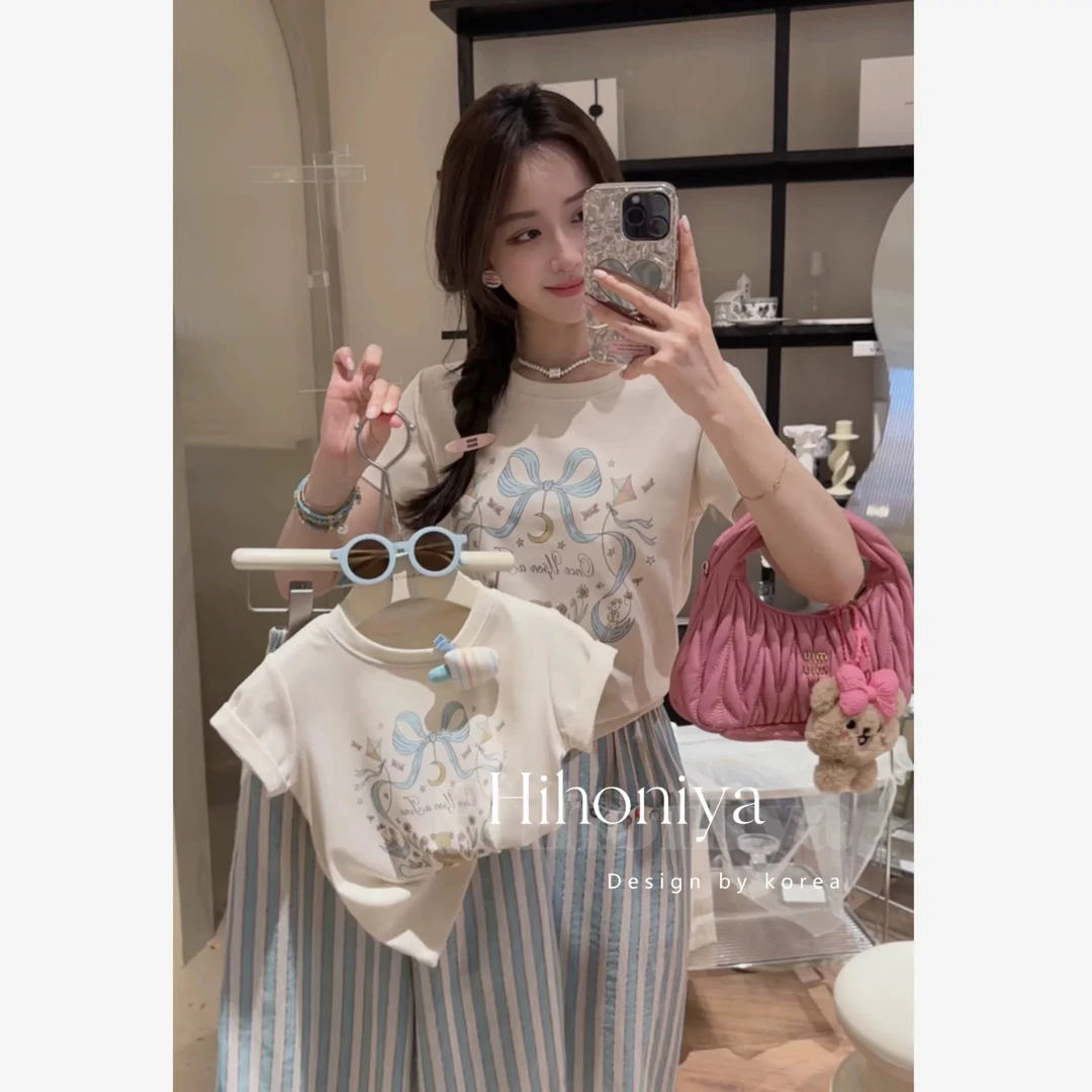 园子家 女童纯棉短袖套装夏款百搭休闲九分条纹阔腿裤套装8056