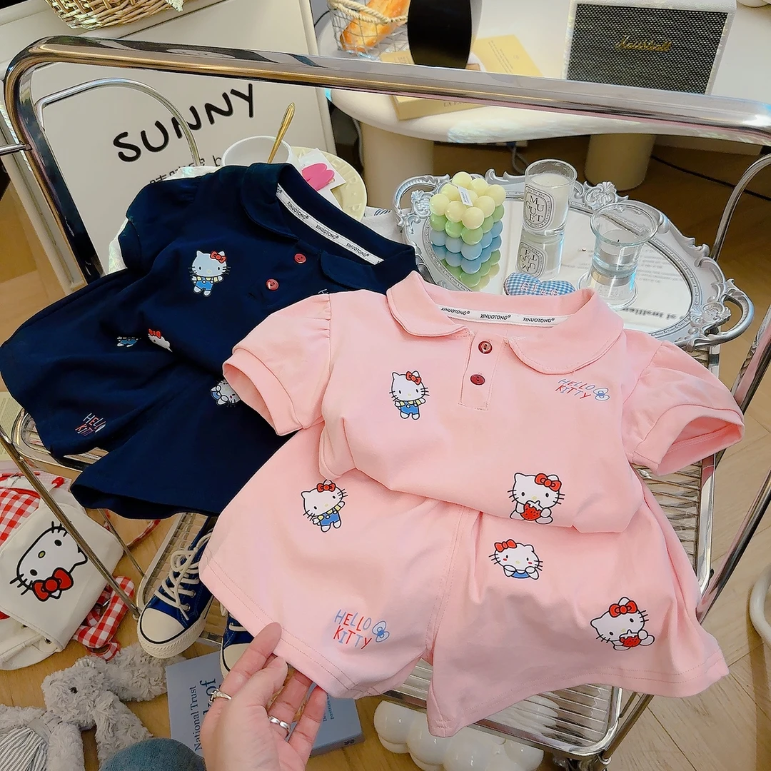 夏季新款儿童POLO短袖短裤时尚卡通韩版kitty运动休闲套装女童