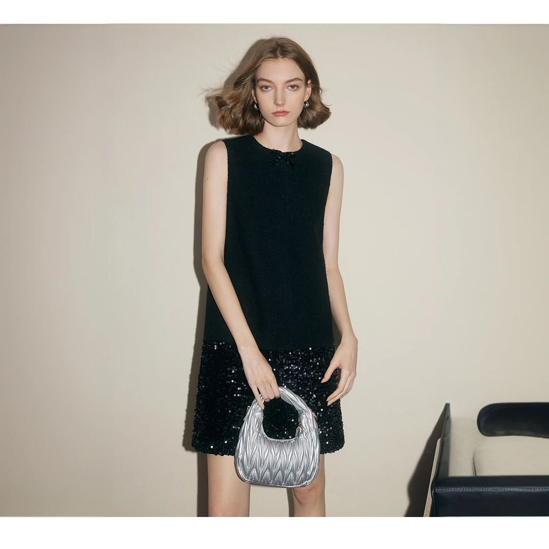 【诗语专属】法曼萱法式黑色无袖背心连衣裙时尚气质手工毛呢裙子