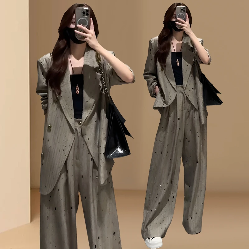 高级感时尚西装套装女春秋新款烫钻西装外套阔腿裤宽松显瘦两件套