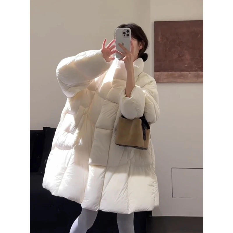米白色立领中长款棉服棉衣外套女冬季新款加厚面包服