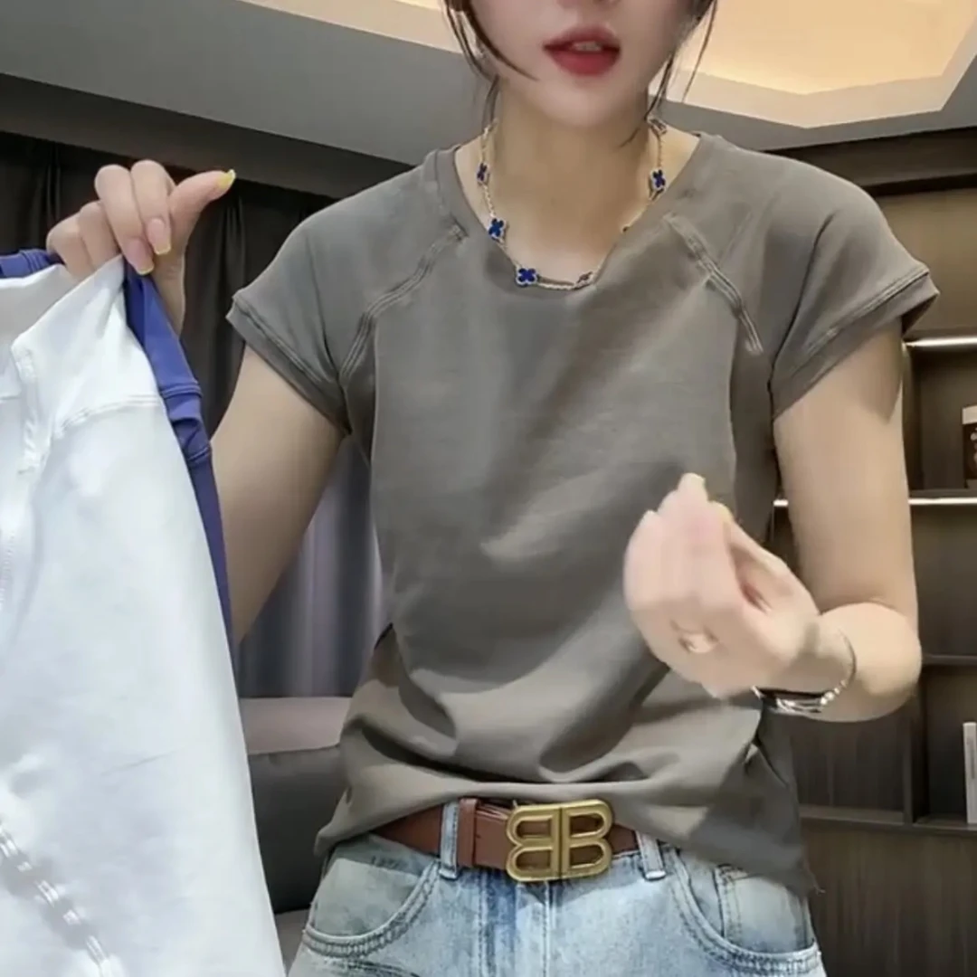 修身型短袖圆领常规吸汗T恤时尚洋气显瘦百搭上衣女装夏款5153