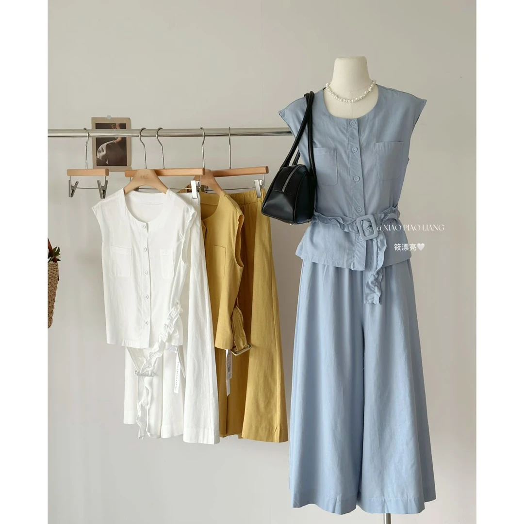 韩系高级感通勤风套装收腰显瘦开衫+高腰阔腿裤女5362#0.12 qq