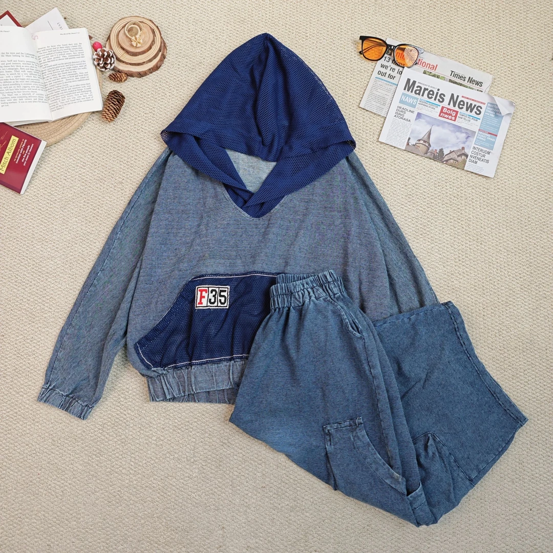 2025春季新款时尚百搭休闲竖条纹连帽套装9768