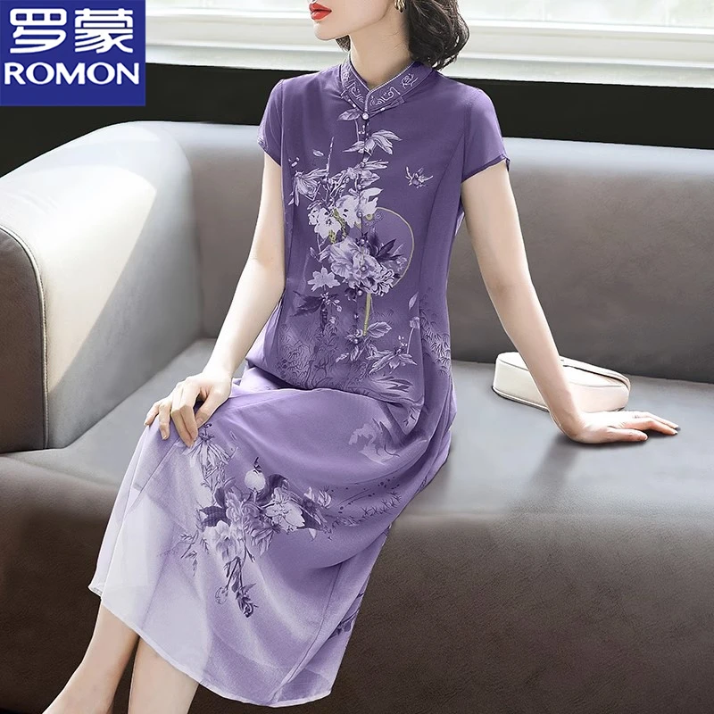 罗蒙妈妈夏装连衣裙洋气改良旗袍裙中老年女士40岁新中式国风印花