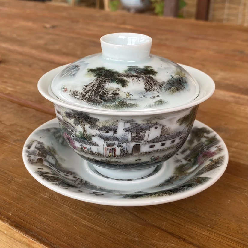 古镇风光三才盖碗单个新款仿古陶瓷茶杯带盖粉彩泡茶碗功夫茶具