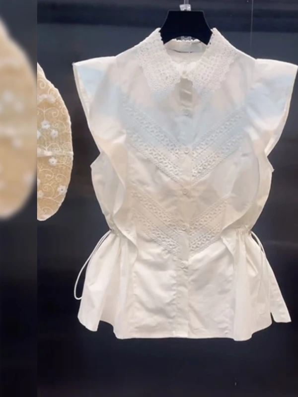 韩风chic气质白色镂空蕾丝衬衫女装2025夏季新款时尚飞飞袖短上衣