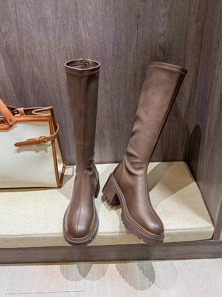 99-15新品女靴平底长筒靴显瘦弹力靴潮款高筒女靴百搭时尚靴子