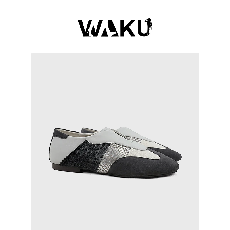 拼接一脚蹬懒人乐福鞋舒适真皮女单鞋