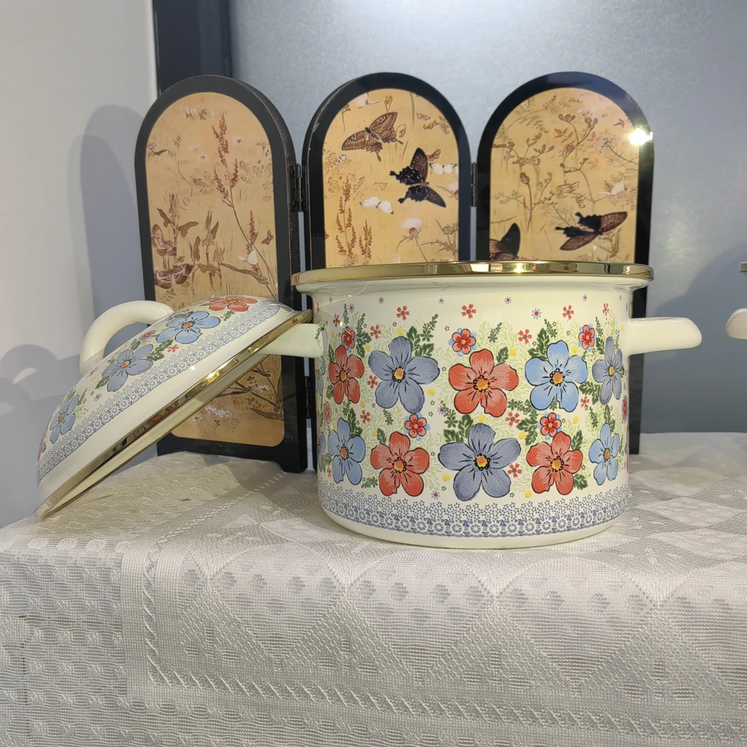 花朵小众复古小花小锅双耳包边搪瓷锅16cm口径搪瓷小煮锅