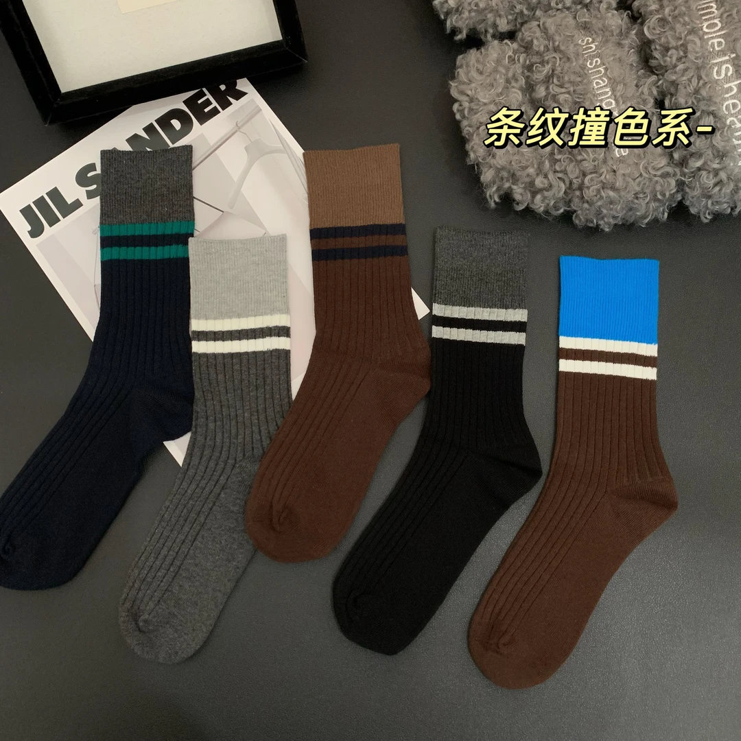 秋冬加厚保暖条纹撞色系双针高筒女袜堆堆袜百搭不勒腿时尚袜子