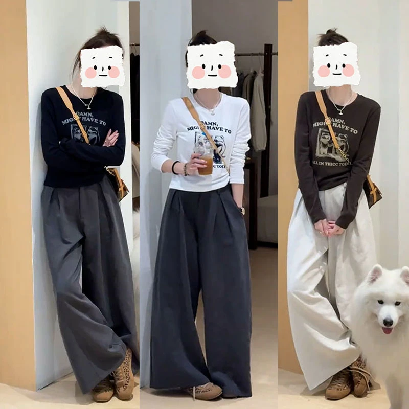 巨好看的两件套早秋时尚气质印花长袖上衣休闲阔腿裤两件套装显瘦