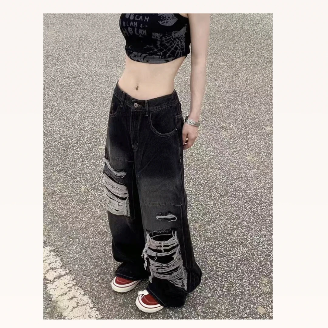 K1107做旧水洗破洞牛仔长裤