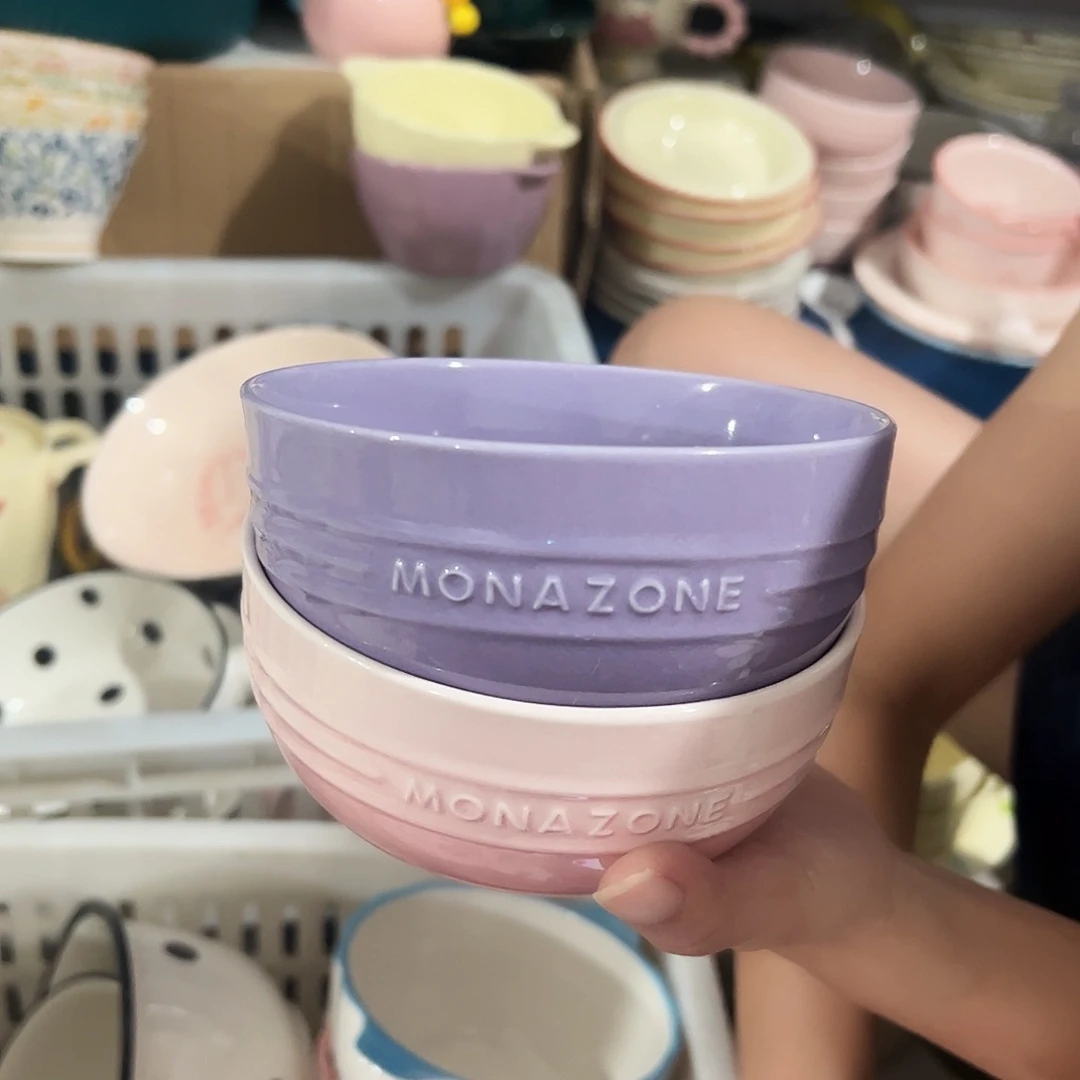 瓷片摩登粉色紫色碗2个微瑕