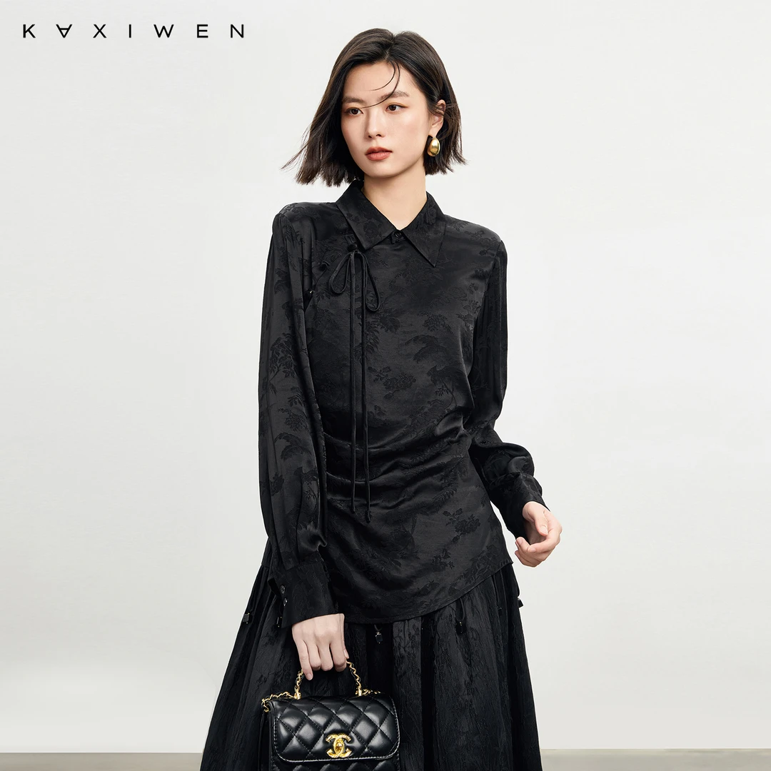 佧茜文新中式优雅提花小衫【春秋】系带收腰压褶衬衫X12AXN1305