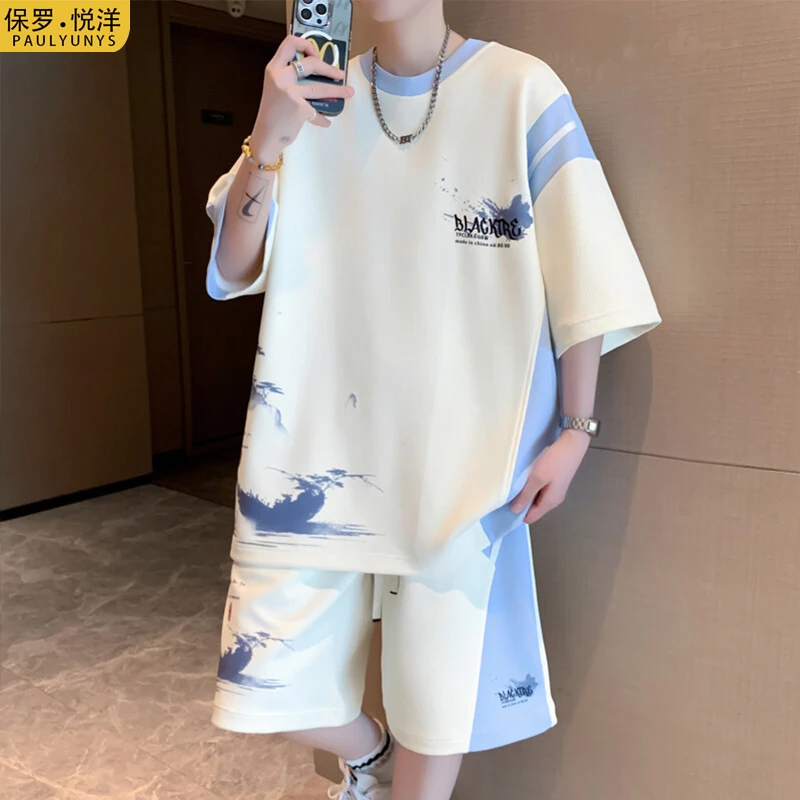 冰丝运动套装男2025新款夏港风短袖短裤两件套男生酷帅穿搭一整套