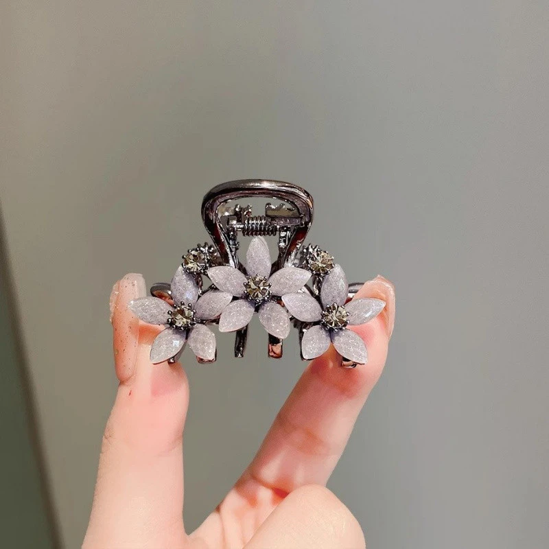 水钻琉璃花朵发夹女盘发器抓夹小号精致鲨鱼夹气质后脑勺半扎发卡