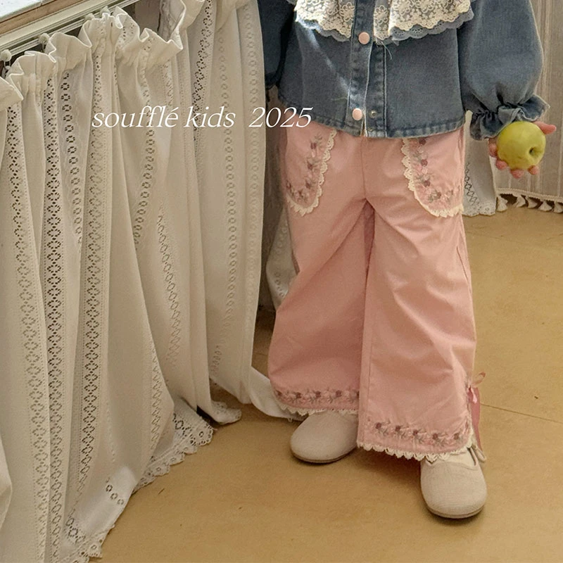 女童法式森系甜美蕾丝刺绣阔腿裤休闲花边长裤TSQ-013